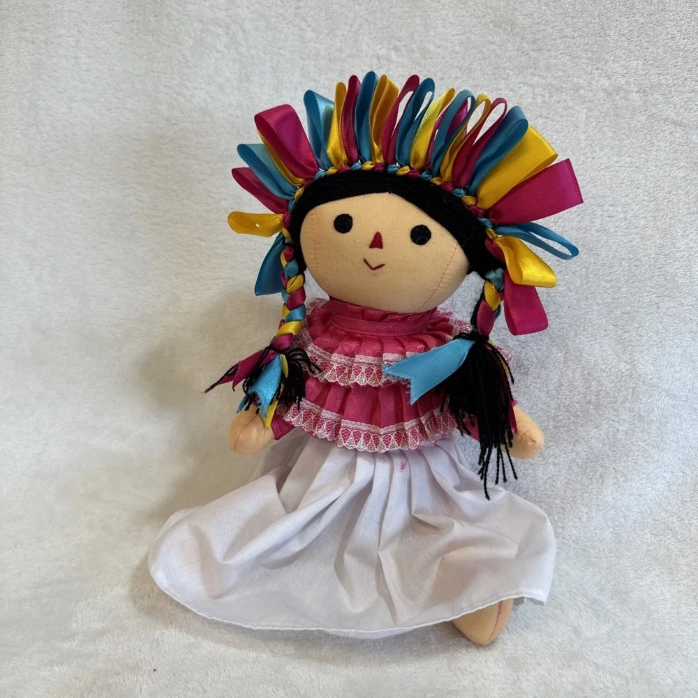 Handmade Folk Art Doll Mexican Inspired Textile Doll Colorful Ribbon‎ Hair Dress